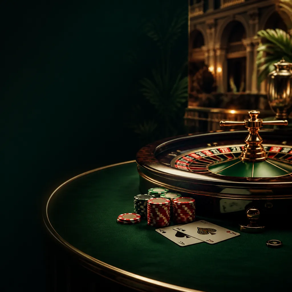 Luxurious Italian casino hero image with roulette, cards, chips, in emerald and gold tones for online casino Italia web page